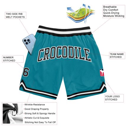 Personalized Teal Basketball Shorts - Authentic Black and White Throwback Style Personalized Teal Black-White Authentic Throwback