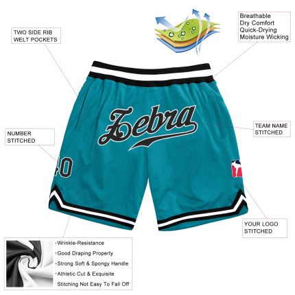 Custom Teal Black-White Basketball Shorts with Name and Number - Authentic Throwback Style 6796 Personalized Teal Black-White