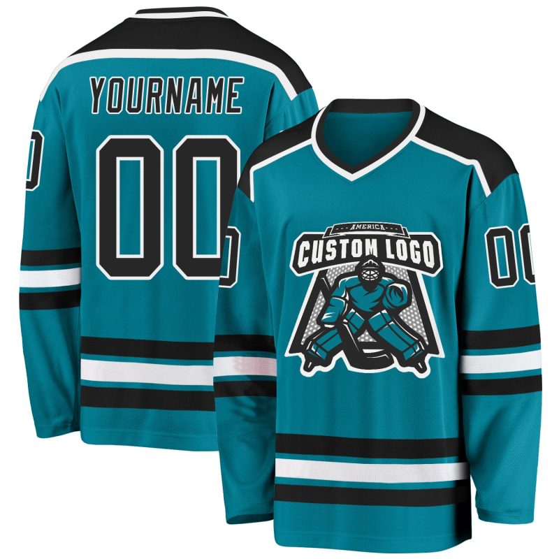 Custom Team Hockey Jersey with Personalized Name and Number - Teal Black White Personalized Teal Black-White Hockey Jersey