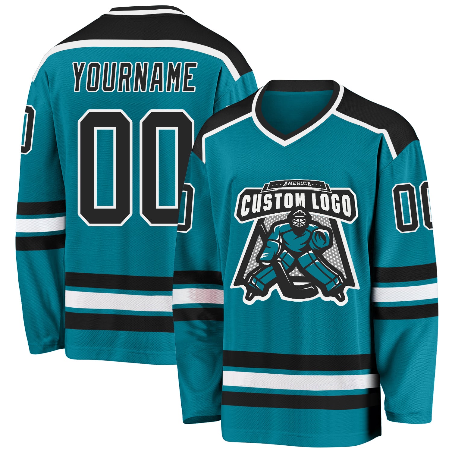 Custom Team Hockey Jersey with Personalized Name and Number - Teal Black White Personalized Teal Black-White Hockey Jersey
