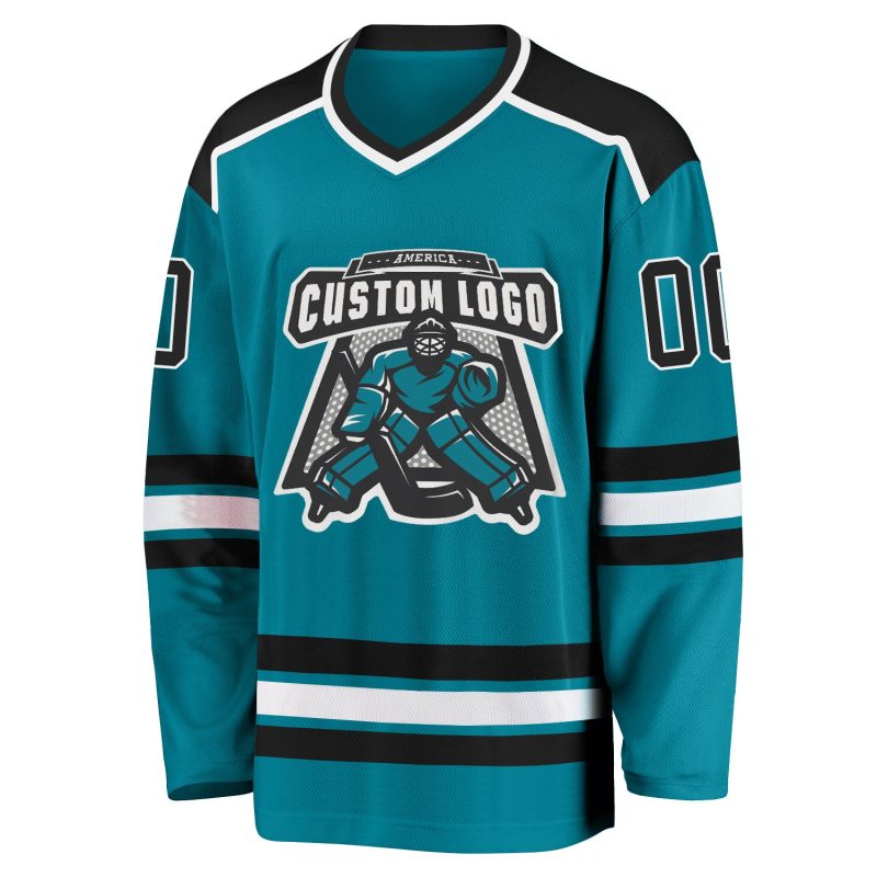 Custom Team Hockey Jersey with Personalized Name and Number - Teal Black White Personalized Teal Black-White Hockey Jersey