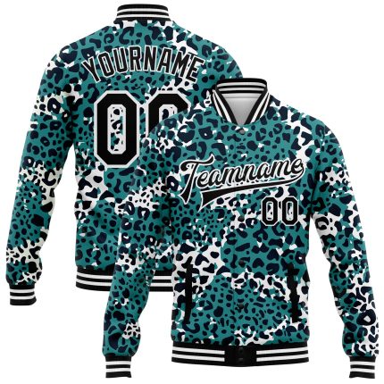 Personalized Leopard Print 3D Pattern Teal Black and White Varsity Bomber Full-Snap Jacket Personalized Teal Black-White