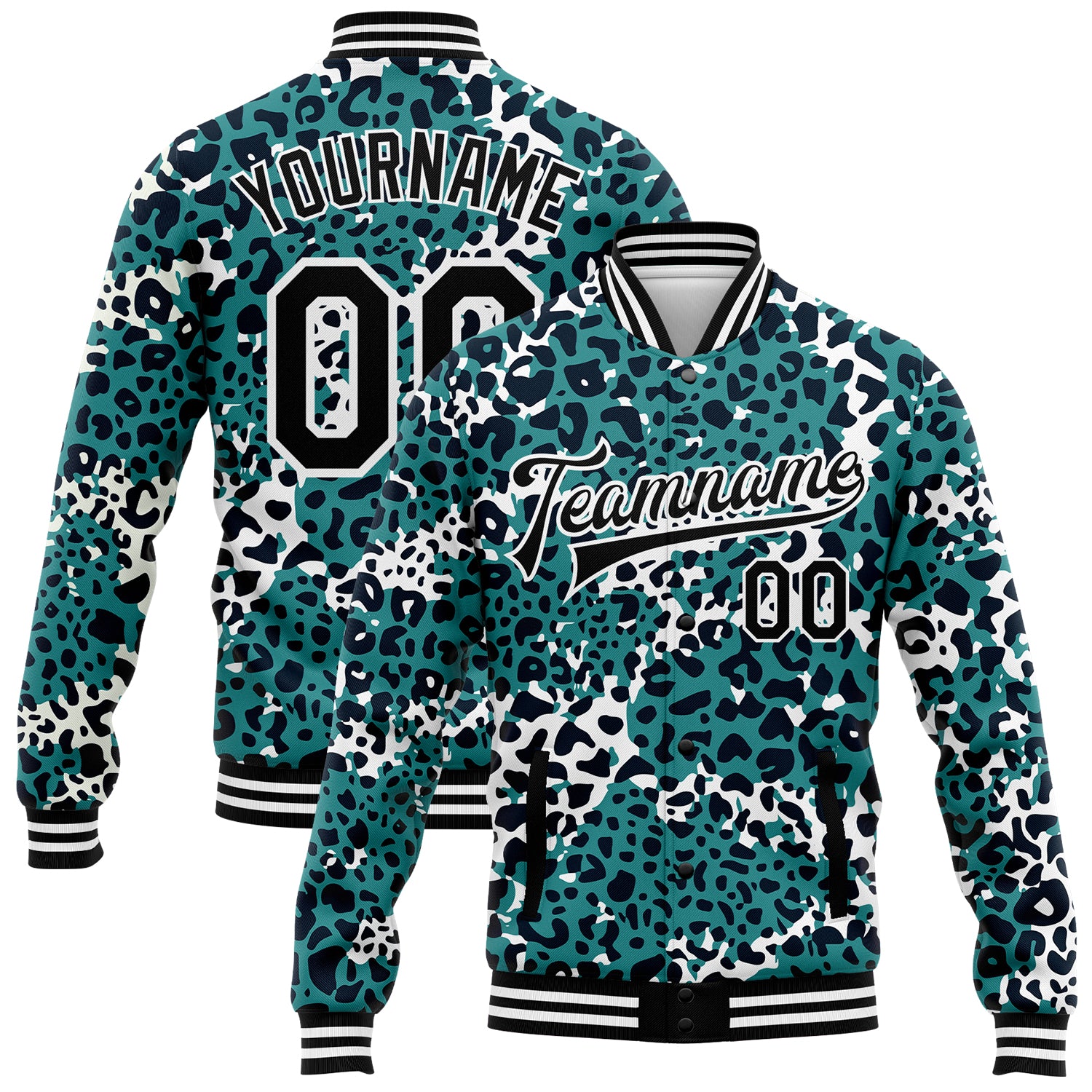 Personalized Leopard Print 3D Pattern Teal Black and White Varsity Bomber Full-Snap Jacket Personalized Teal Black-White