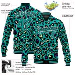 Custom Name Number Teal Black White Leopard Print 3D Bomber Varsity Letterman Jacket Personalized Teal Black-White Leopard