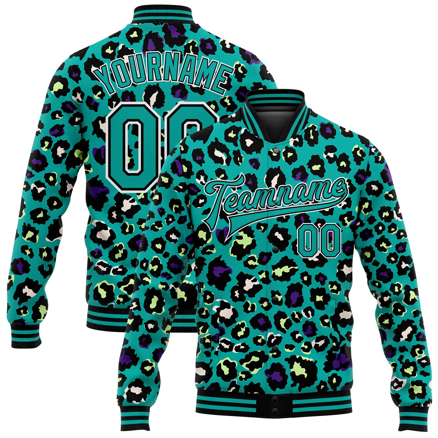 Custom Name Number Teal Black White Leopard Print 3D Bomber Varsity Letterman Jacket Personalized Teal Black-White Leopard