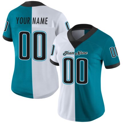 Custom Personalized Teal Mesh Football Jersey with Black and White Split Design - Team Name & Number Personalized Teal Black-White