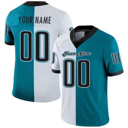 Custom Personalized Teal Mesh Football Jersey with Black and White Split Design - Team Name & Number Personalized Teal Black-White