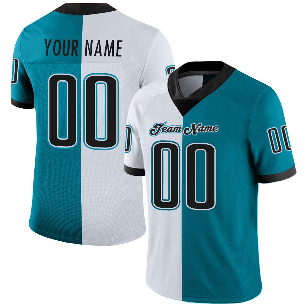 Custom Personalized Teal Mesh Football Jersey with Black and White Split Design - Team Name & Number Personalized Teal Black-White