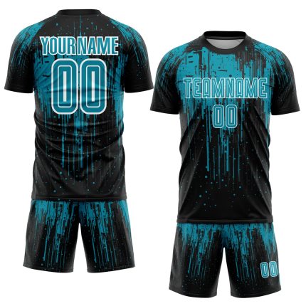 Personalized Teal Black White Soccer Jersey Uniform - Custom Sublimation Design Personalized Teal Black-White Sublimation