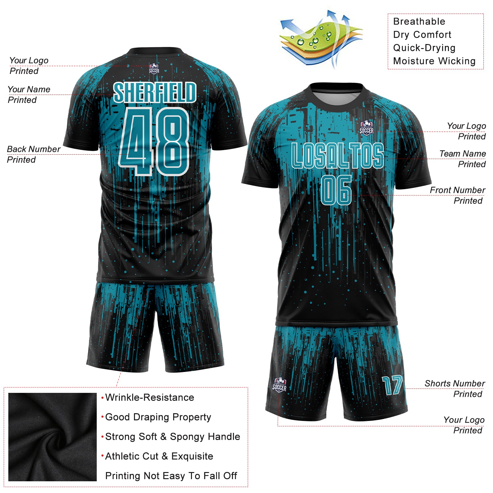 Personalized Teal Black-White Sublimation Soccer Uniform Jersey Personalized Teal Black White Soccer Jersey Uniform - Custom Sublimation Design Personalized Teal Black-White Sublimation - Image 3