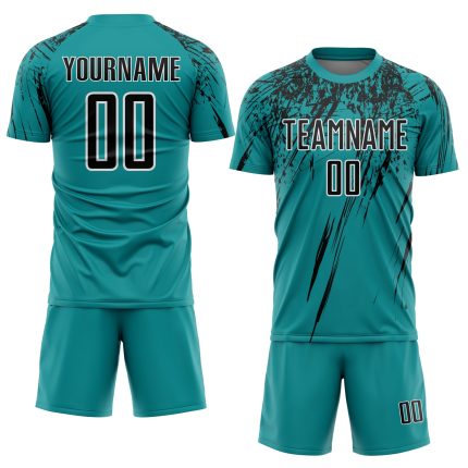 Custom Soccer Jersey with Personalized Name and Number, Teal Black-White Sublimation Uniform Personalized Teal Black-White