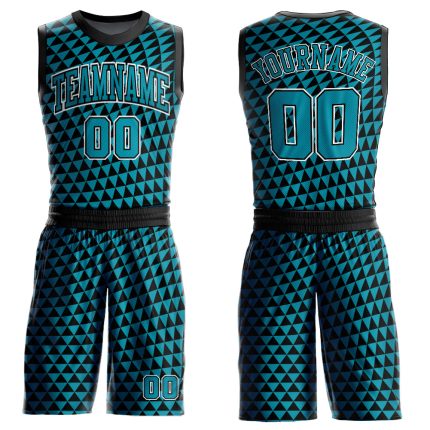 Custom Basketball Jersey with Personalized Name Number, Teal Black-White Triangle Design, Round Neck Sublimation Suit Personalized