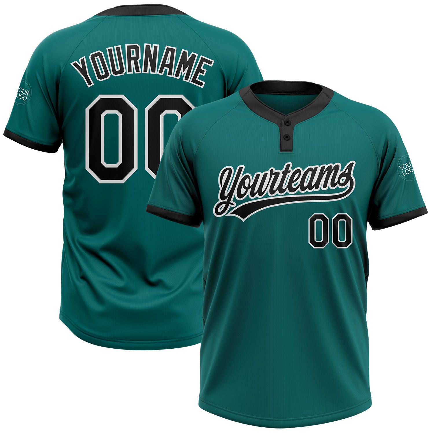 Custom Name Number Unisex Softball Jersey Teal Black-White Two-Button Personalized Team Apparel Personalized Teal Black-White