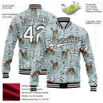 Custom Name Number 3D Deer Winter Snowy Landscape Teal Black-White Varsity Jacket Bomber Full-Snap Design for Team Personalized