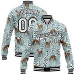 Custom Name Number 3D Deer Winter Snowy Landscape Teal Black-White Varsity Jacket Bomber Full-Snap Design for Team Personalized