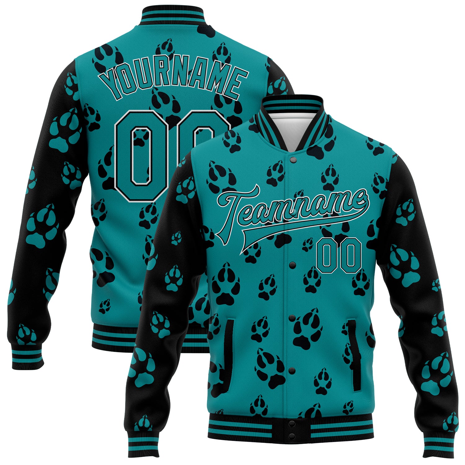 Custom Name Number Teal Black White Wolf 3D Pattern Varsity Letterman Full-Snap Bomber Jacket Personalized Teal Black-White