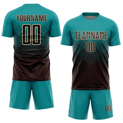 Custom Soccer Uniform Jersey with Personalized Name and Number - Teal Brown-Cream Sublimation Design Personalized Teal Brown-Cream