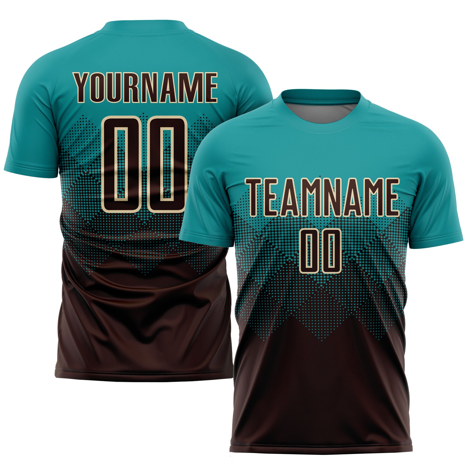 Custom Soccer Uniform Jersey with Personalized Name and Number - Teal Brown-Cream Sublimation Design Personalized Teal Brown-Cream