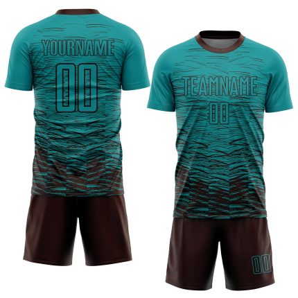 Custom Soccer Uniform Jersey with Personalized Name and Number - Teal Brown Sublimation Team Gear Personalized Teal Brown