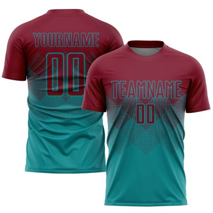 Custom Soccer Uniform Jersey Personalized with Team Name and Number - Teal Crimson Sublimation Design Personalized Teal Crimson
