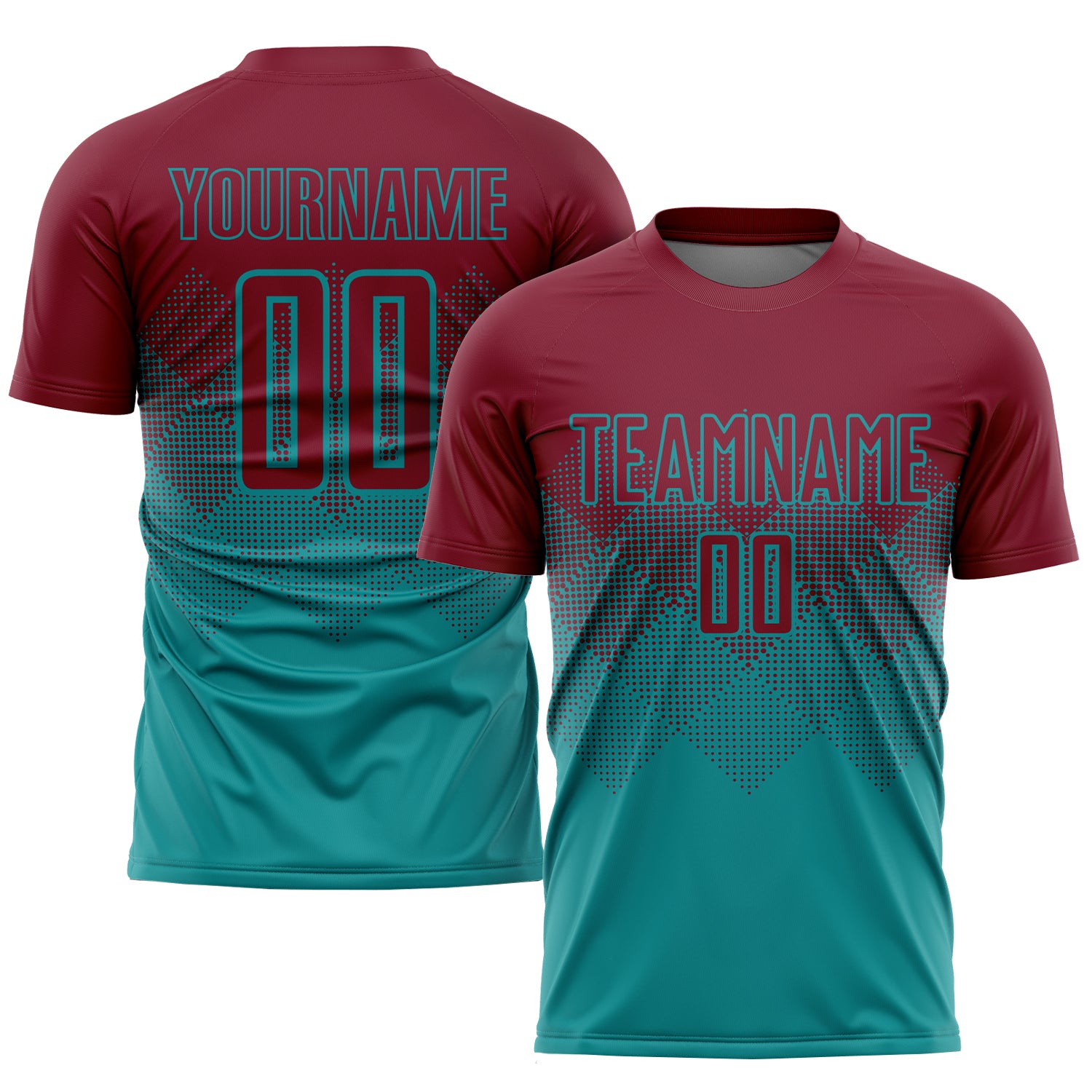 Custom Soccer Uniform Jersey Personalized with Team Name and Number - Teal Crimson Sublimation Design Personalized Teal Crimson
