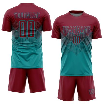 Custom Soccer Uniform Jersey Personalized with Team Name and Number - Teal Crimson Sublimation Design Personalized Teal Crimson