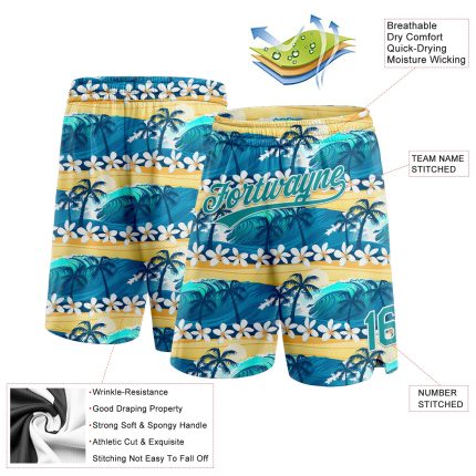 Custom Name Number Basketball Shorts Teal Gold 3D Hawaii Palm Trees Flowers Personalized Teal Gold 3D Pattern Hawaii Palm