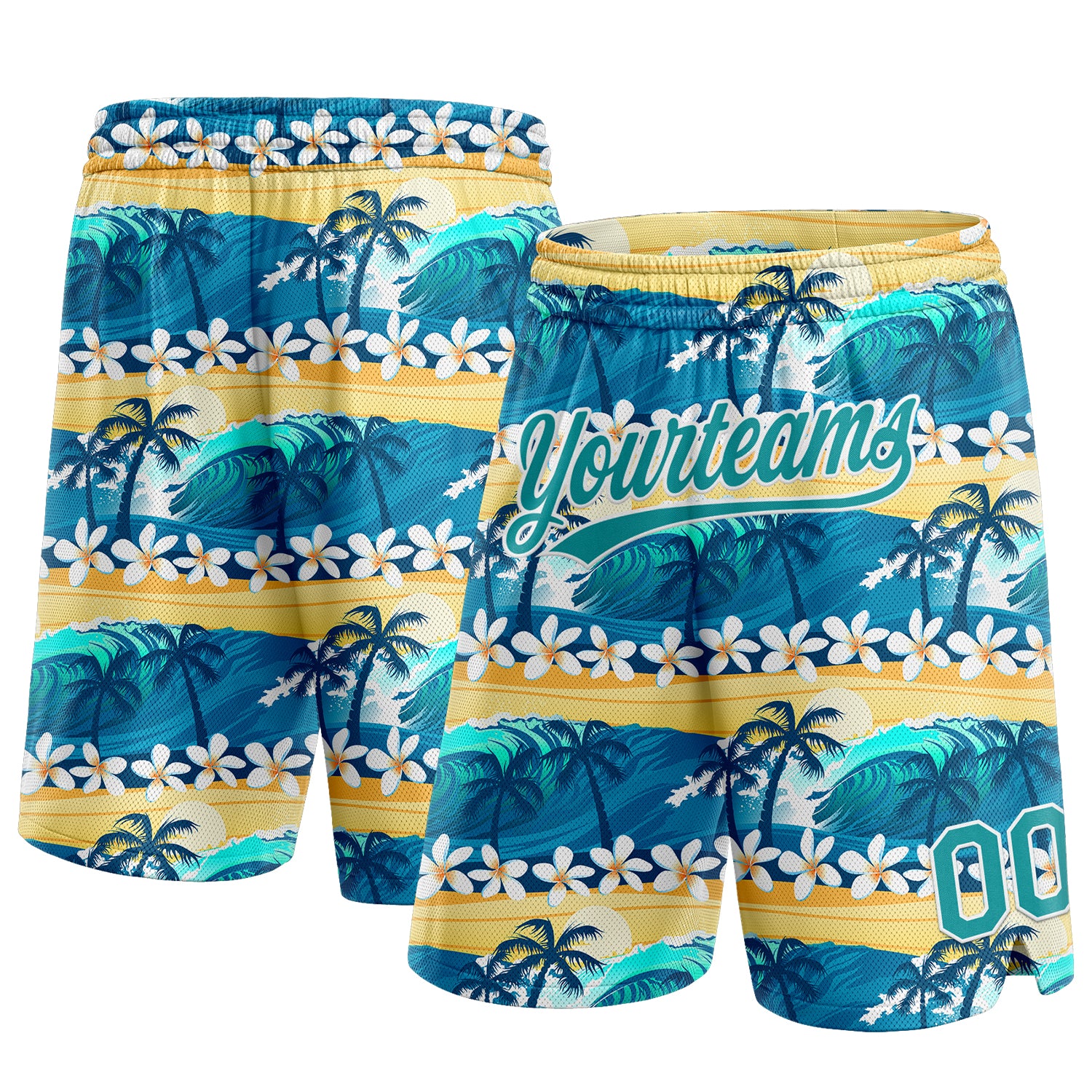 Custom Name Number Basketball Shorts Teal Gold 3D Hawaii Palm Trees Flowers Personalized Teal Gold 3D Pattern Hawaii Palm