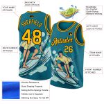Custom Name and Number Beach Surfing Basketball Jersey - Personalized Teal Gold-Black 3D Pattern Team Design Personalized