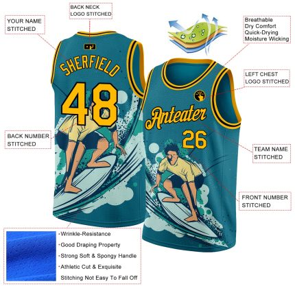 Custom Name and Number Beach Surfing Basketball Jersey - Personalized Teal Gold-Black 3D Pattern Team Design Personalized