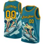 Custom Name and Number Beach Surfing Basketball Jersey - Personalized Teal Gold-Black 3D Pattern Team Design Personalized