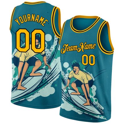 Custom Name and Number Beach Surfing Basketball Jersey - Personalized Teal Gold-Black 3D Pattern Team Design Personalized
