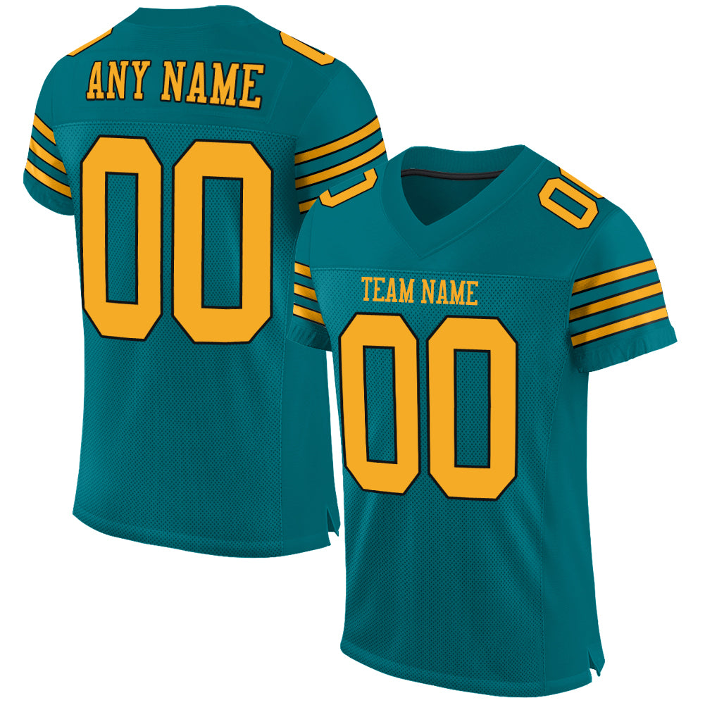 Custom Teal Gold Black Mesh Football Jersey - Personalized Authentic Design Personalized Teal Gold-Black Mesh Authentic Football