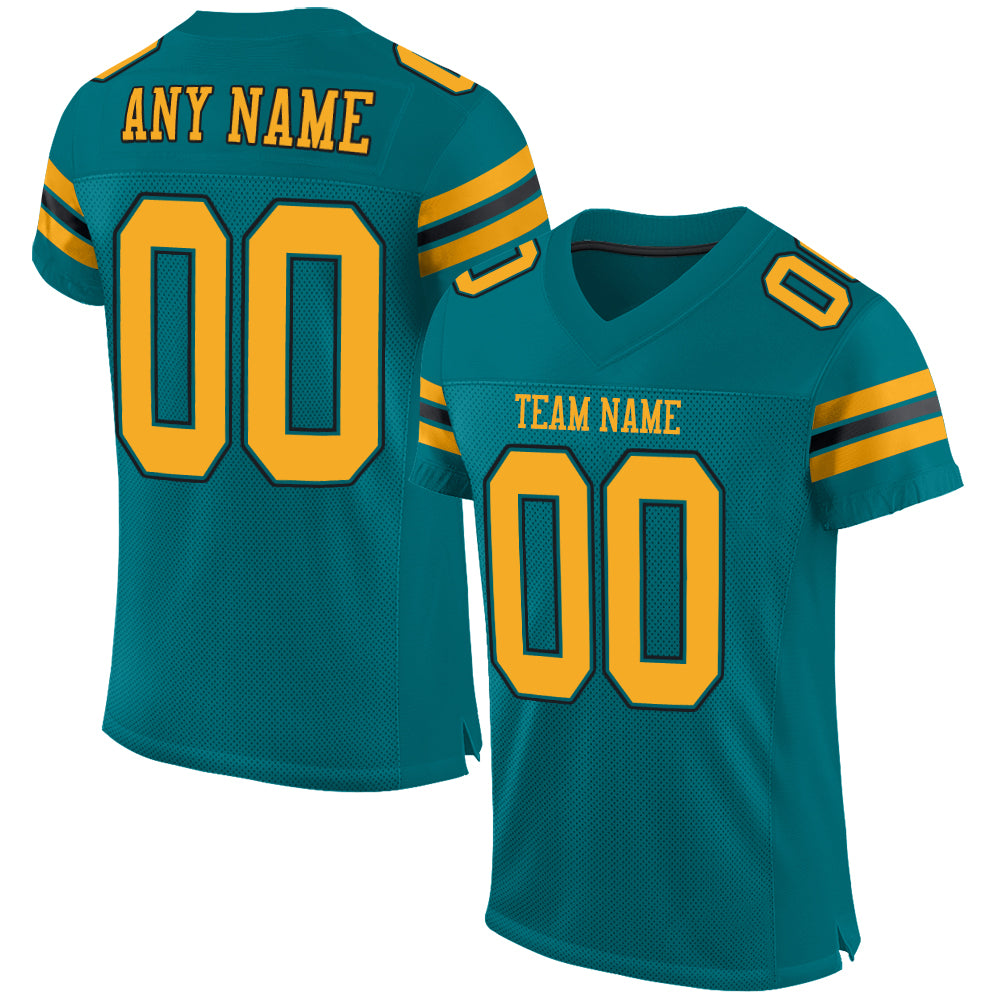 Custom Football Jersey with Personalized Name and Number in Teal Gold Black Mesh Personalized Teal Gold-Black Mesh Authentic