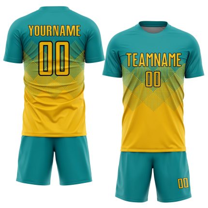 Custom Teal Gold Black Soccer Jersey with Name and Number - Personalized Uniform Personalized Teal Gold-Black Sublimation
