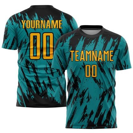 Custom Personalized Soccer Uniform Jersey with Teal, Gold, and Black Colors - Custom Name and Number Personalized Teal Gold