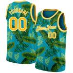 Custom Name and Number Basketball Jersey with Tropical Hawaii Leaves 3D Pattern in Teal, Gold, and White Personalized Teal