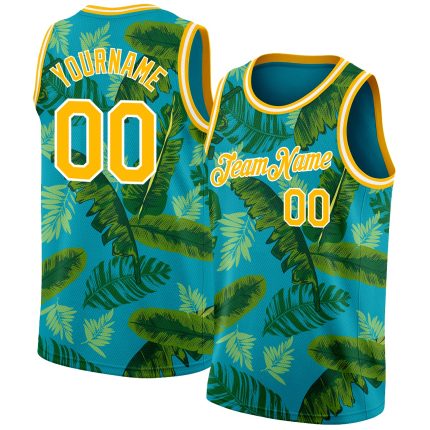 Custom Name and Number Basketball Jersey with Tropical Hawaii Leaves 3D Pattern in Teal, Gold, and White Personalized Teal