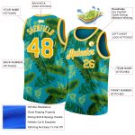 Custom Name and Number Basketball Jersey with Tropical Hawaii Leaves 3D Pattern in Teal, Gold, and White Personalized Teal
