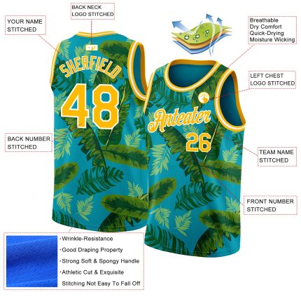 Custom Name and Number Basketball Jersey with Tropical Hawaii Leaves 3D Pattern in Teal, Gold, and White Personalized Teal