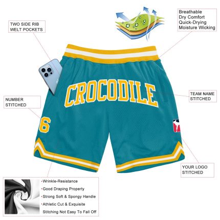 Custom Teal Gold White Basketball Shorts with Personalized Name and Number | Authentic Throwback Design Personalized Teal
