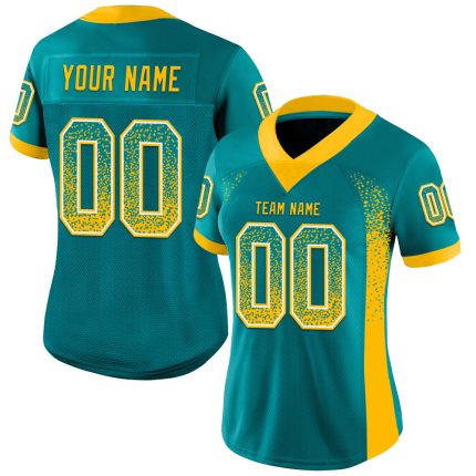 Custom Name Number Football Jersey - Teal Gold-White Drift Fashion Mesh, Personalized Team Apparel Personalized Teal Gold-White