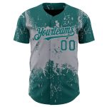 Custom Name and Number Baseball Jersey, Abstract Teal Gray 3D Splatter Grunge Art Design, Personalized Team Apparel Personalized