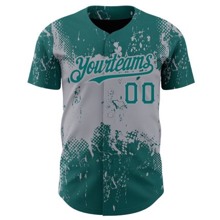 Custom Name and Number Baseball Jersey, Abstract Teal Gray 3D Splatter Grunge Art Design, Personalized Team Apparel Personalized