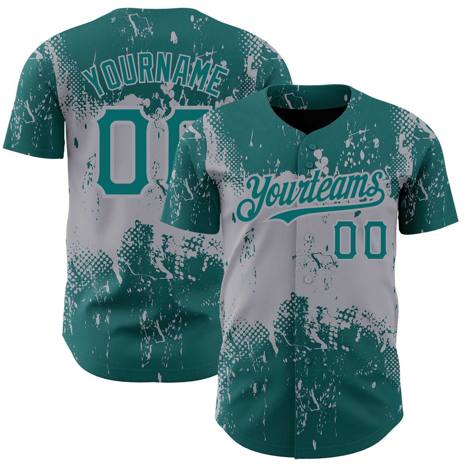 Custom Name and Number Baseball Jersey, Abstract Teal Gray 3D Splatter Grunge Art Design, Personalized Team Apparel Personalized