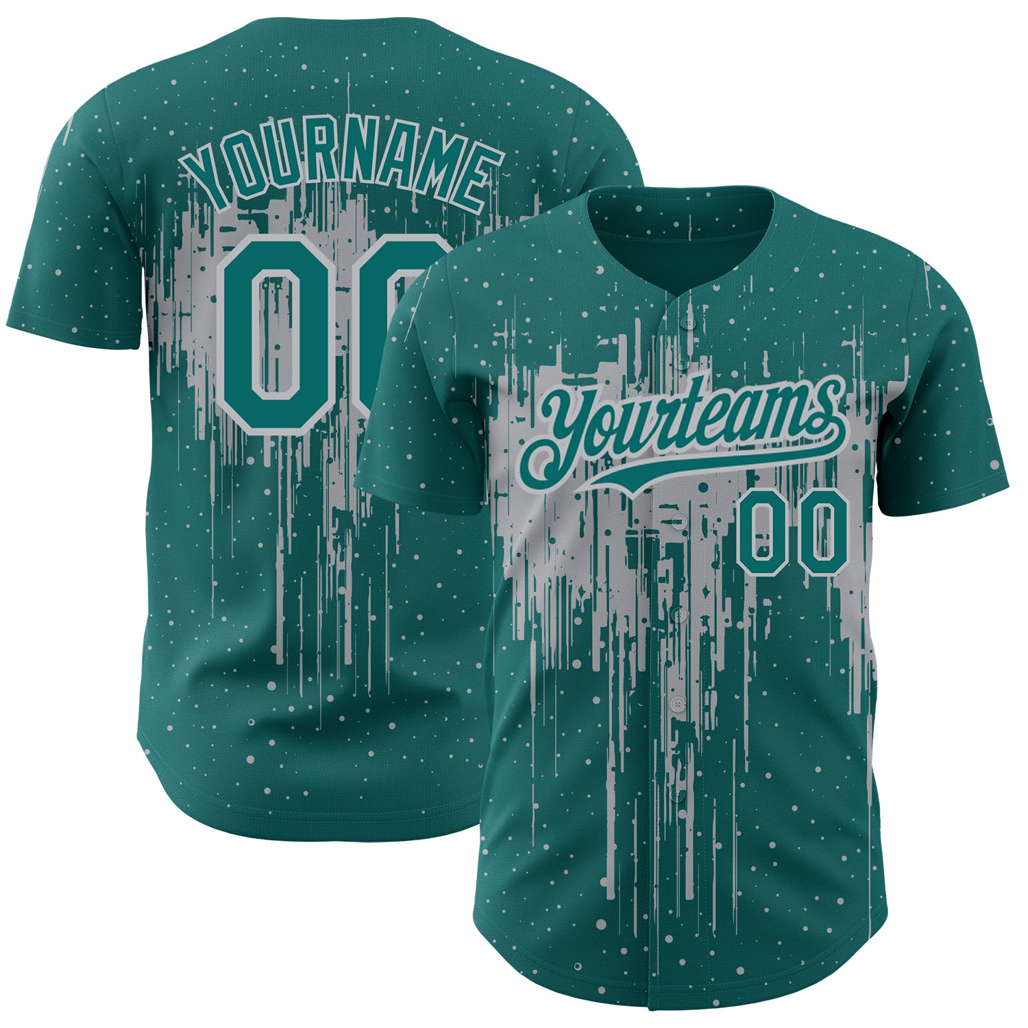 Custom Name and Number Baseball Jersey in Teal Gray Dripping Splatter 3D Pattern Design - Personalized Team Apparel Personalized