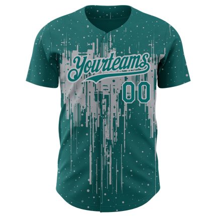 Custom Name and Number Baseball Jersey in Teal Gray Dripping Splatter 3D Pattern Design - Personalized Team Apparel Personalized