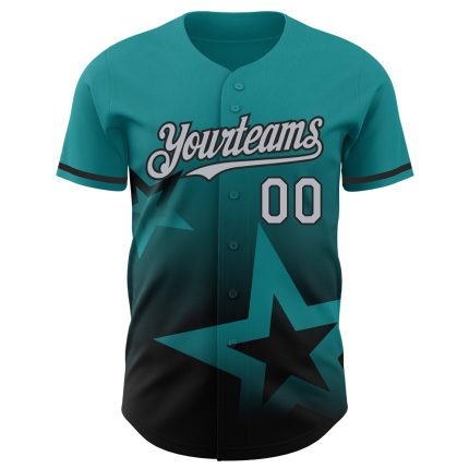 Custom Name and Number Baseball Jersey with Teal Gray-Black 3D Twinkle Star Gradient Design - Personalized Team Apparel Personalized