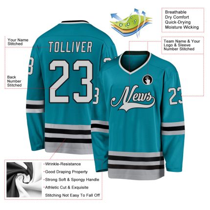 Custom Hockey Jersey with Personalized Name and Number - Teal Gray Black Personalized Teal Gray-Black Hockey Jersey Team
