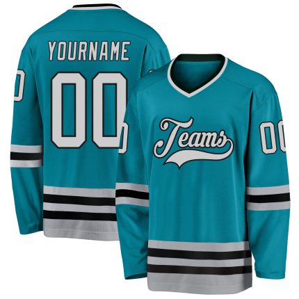 Custom Hockey Jersey with Personalized Name and Number - Teal Gray Black Personalized Teal Gray-Black Hockey Jersey Team